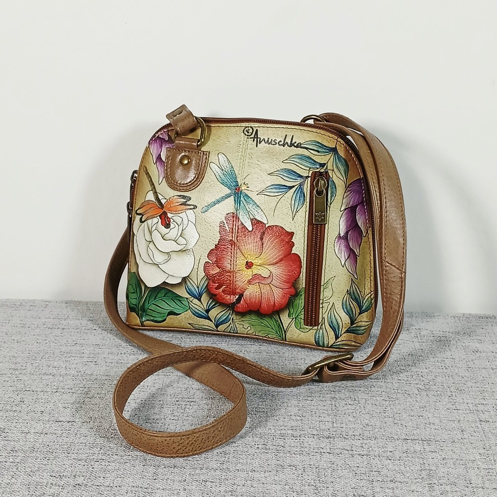 Anuschka Hand Painted Leather Floral Dragonfly Crossbody Bag Tan Small - Picture 12 of 15